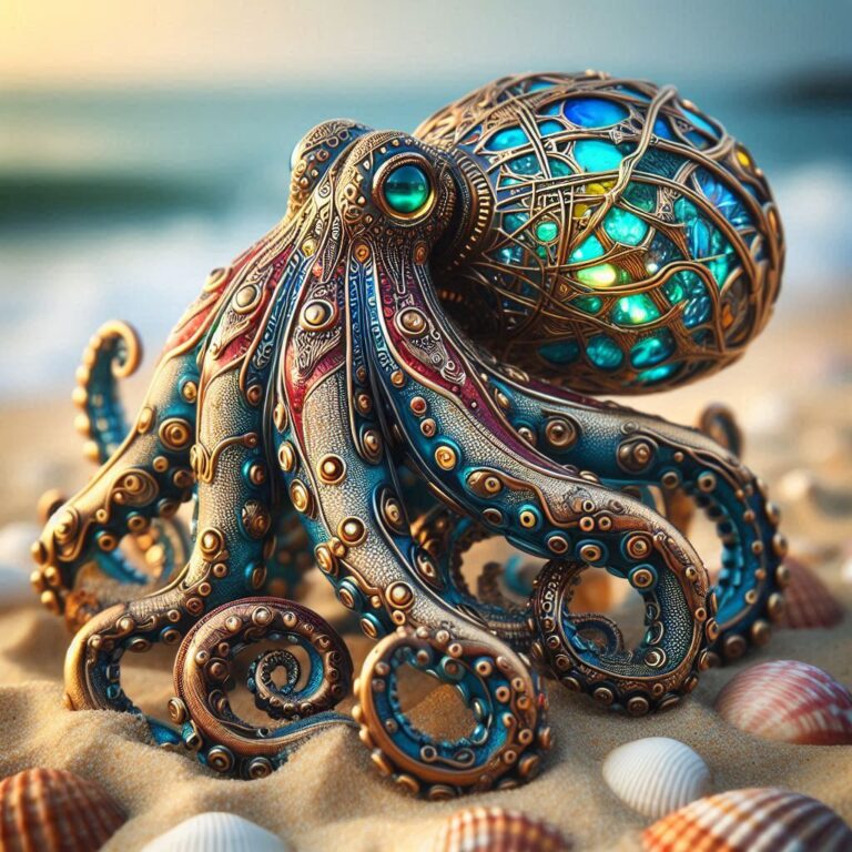 Steampunk Octopus with Metallic Blue Gold and Red Details