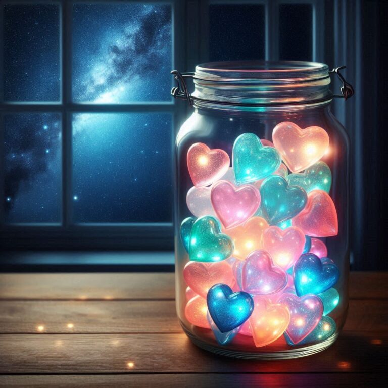 Glass Jar of Glowing Pastel Hearts Under Galaxy Sky