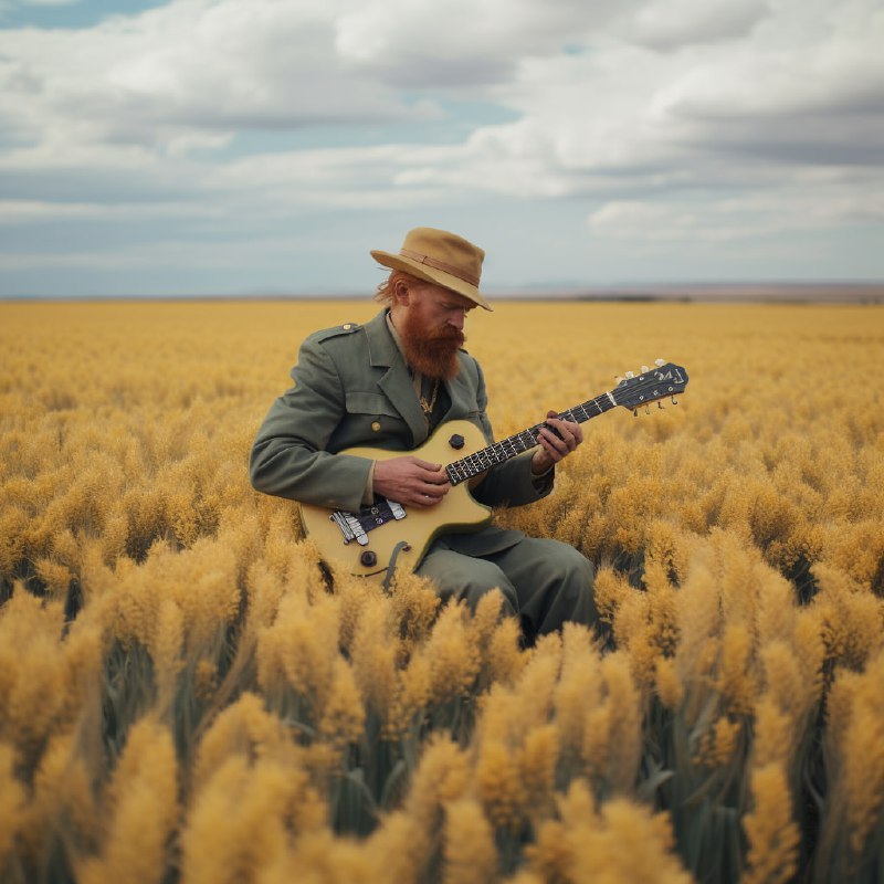 Van Gogh Playing Guitar in a Windy Wheatfield