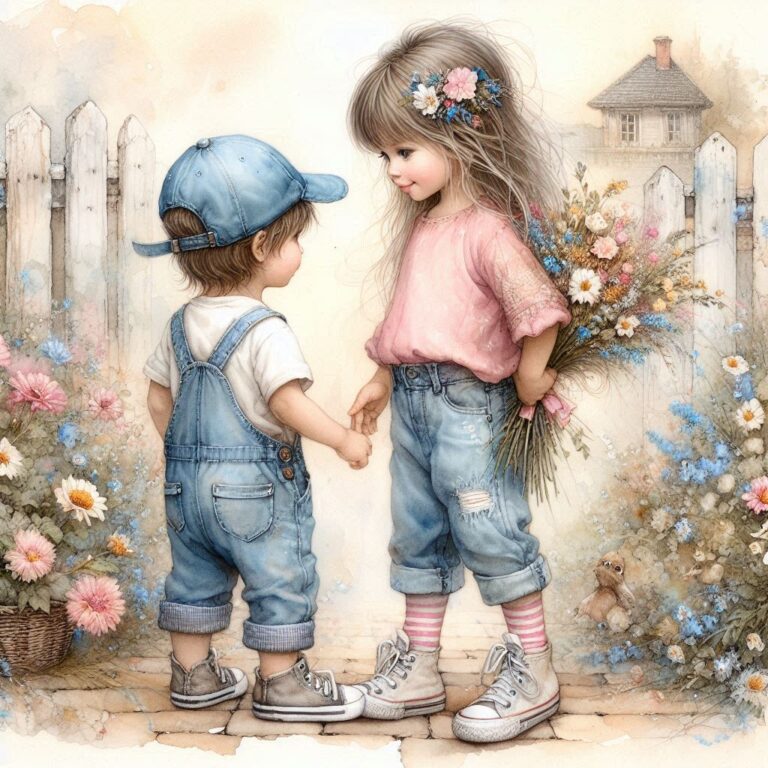 Alcohol Ink Painting of Two Small Children in Denim