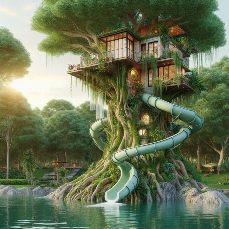 Two-Story House With Water Slide Around Giant Tree
