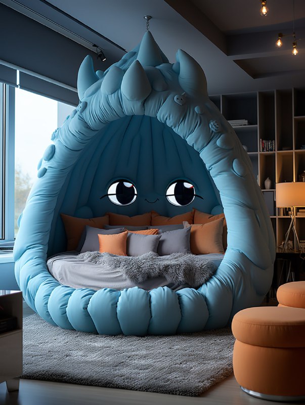 Cartoon Monster-Shaped Bed in Bright Macaron Bedroom