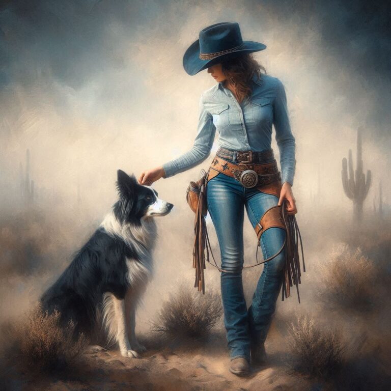 Cowgirl With Border Collie in Misty Soft Brush Painting