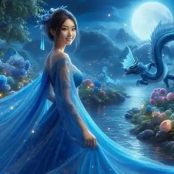 Filipina Girl With Blue Dragon Under Moonlit Night