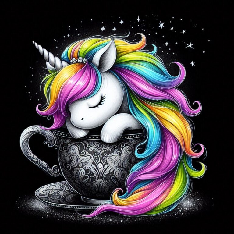 White Unicorn Asleep in Silver Teacup Caricature