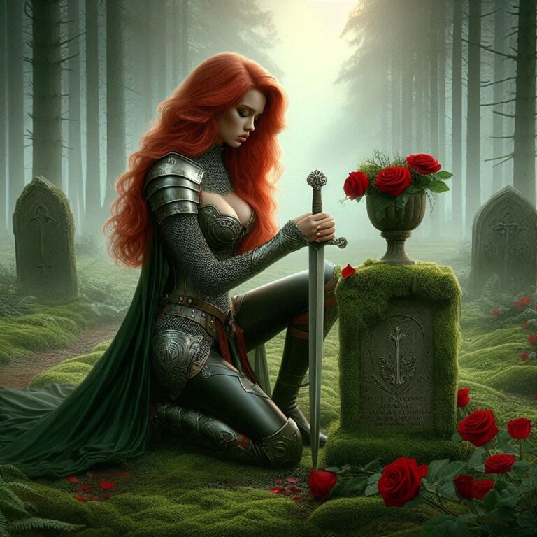 Red-Haired Woman in Armor Kneeling by Mossy Grave