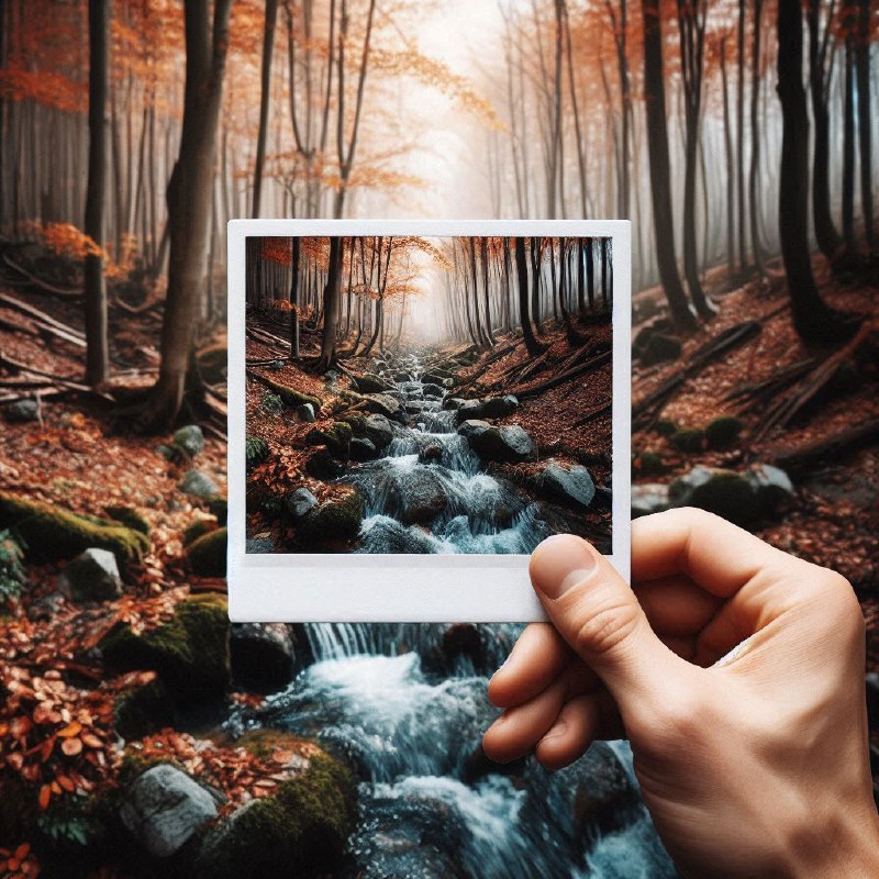 Hand Holding Polaroid of Autumn Forest Stream