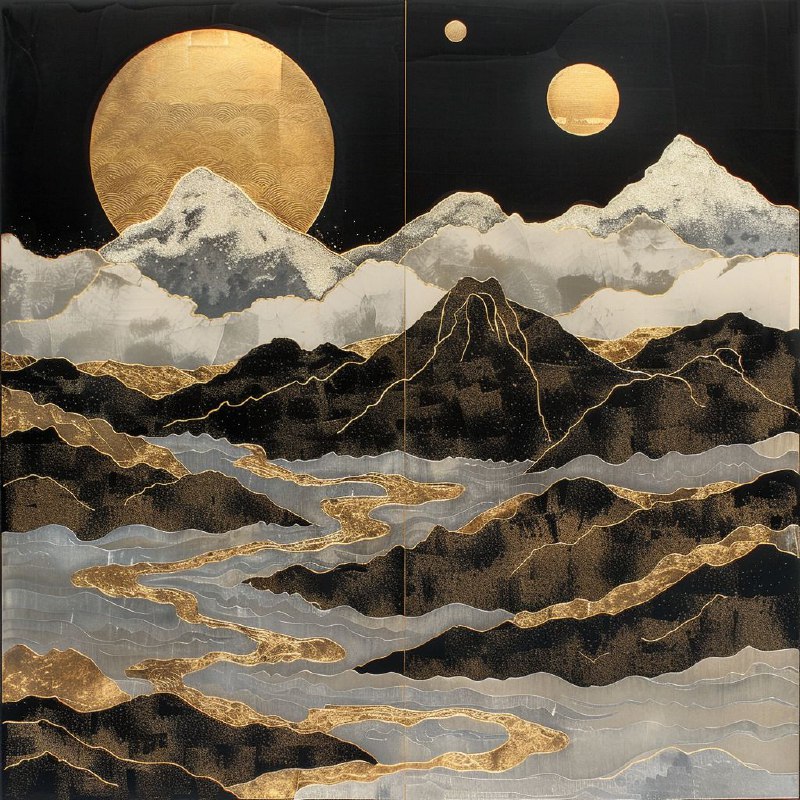 Gold and Silver Foil Mountain Landscape on Black