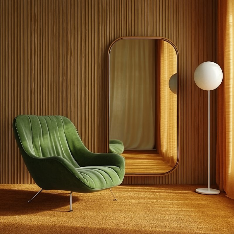 Retro 70s Room with Green Armchair