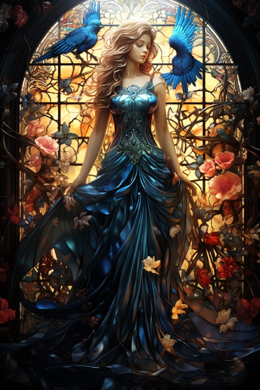 Stained Glass Woman Angel Queen in Folklore Dress