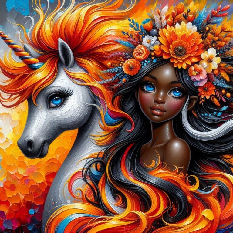 African American Fairy Riding Fiery Orange Unicorn