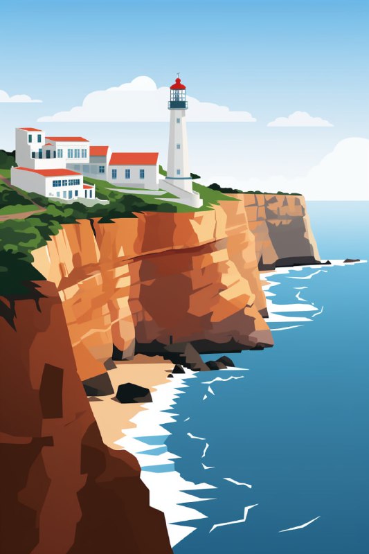 Sagres Portugal Cliffs and Lighthouse Vector Poster