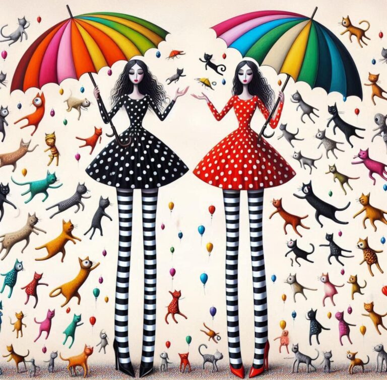 Quirky Striped-Leg Ladies With Umbrellas Picasso Style