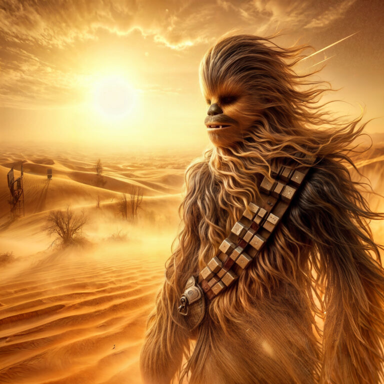 Chewbacca in Desert Attire Amid Sandstorm Wasteland