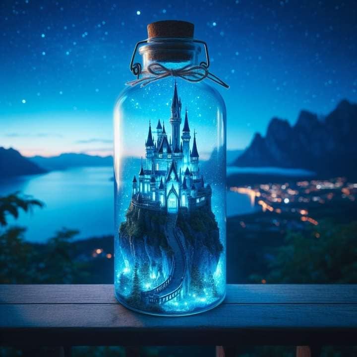 Glowing Blue Castle in a Bottle at Twilight