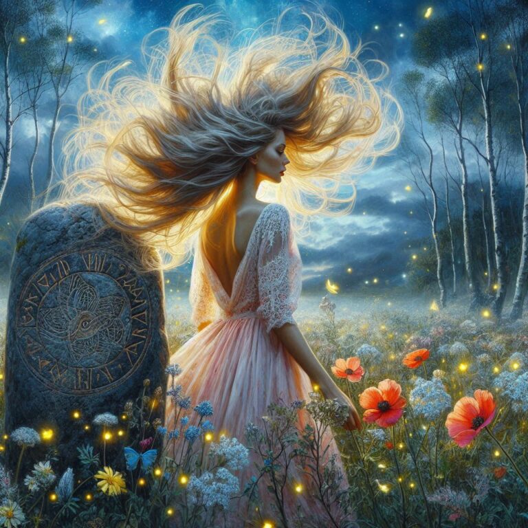 Spring Flowers by Runic Standing Stone at Midnight