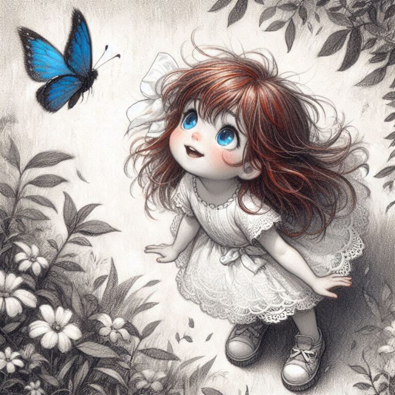 Red-Haired Girl in Lace Dress Watching Blue Butterfly