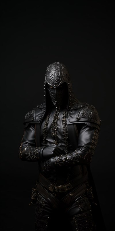 Black Lacquer Male Model in Futuristic Leather Dress