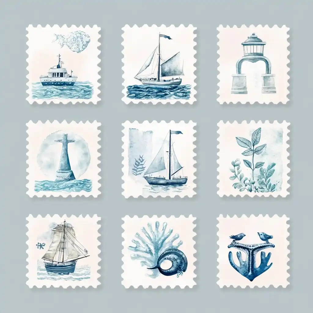 Retro Marine Stamps Watercolor