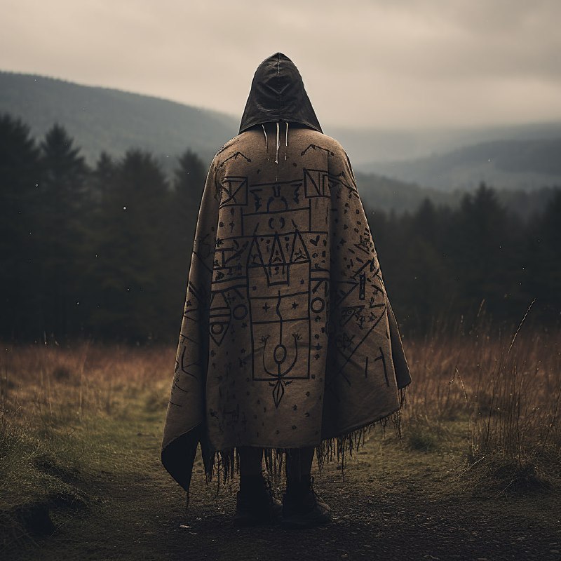 Rune-Clad Pagan Man in Animal Mask on Wild Mountaintop