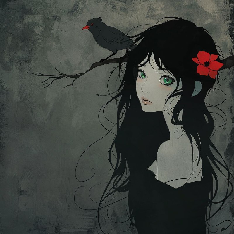 Ethereal Girl With Red Flower Holding Bird Minimalist