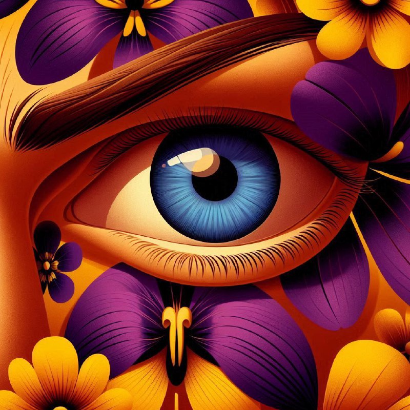 Blue Iris Eye Surrounded by Flowers Pixar Style