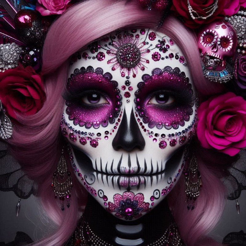 Day of the Dead Skull Makeup in Pink and Purple
