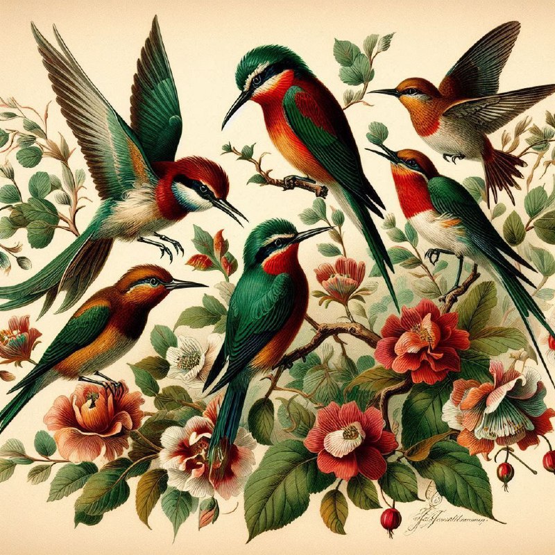 Birds on a Branch in Emerald and Crimson Enamel