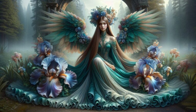 Celestial Angel in Teal Chiffon Gown With Irises