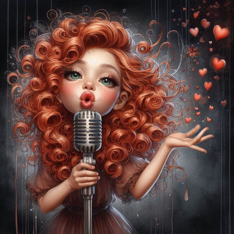 Curly Red-Haired Girl at Vintage Microphone Caricature