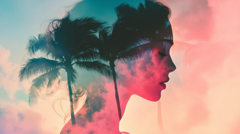 Double Exposure Beach Scene with Woman Silhouette