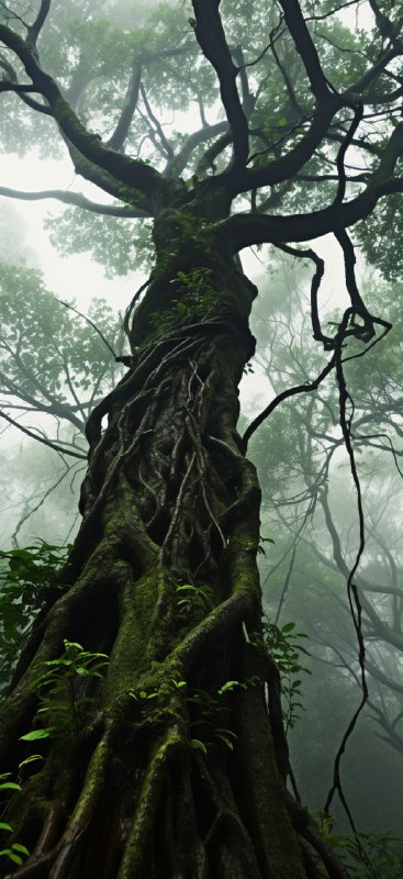 Worm's-Eye View of Giant Vine-Covered Jungle Tree