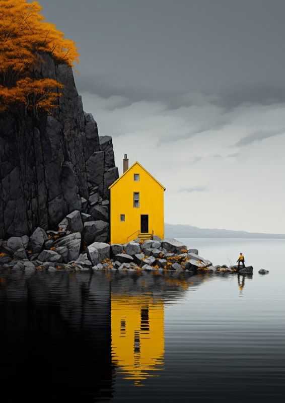 Yellow House at Danish Fjord Eiko Ojala Style Poster