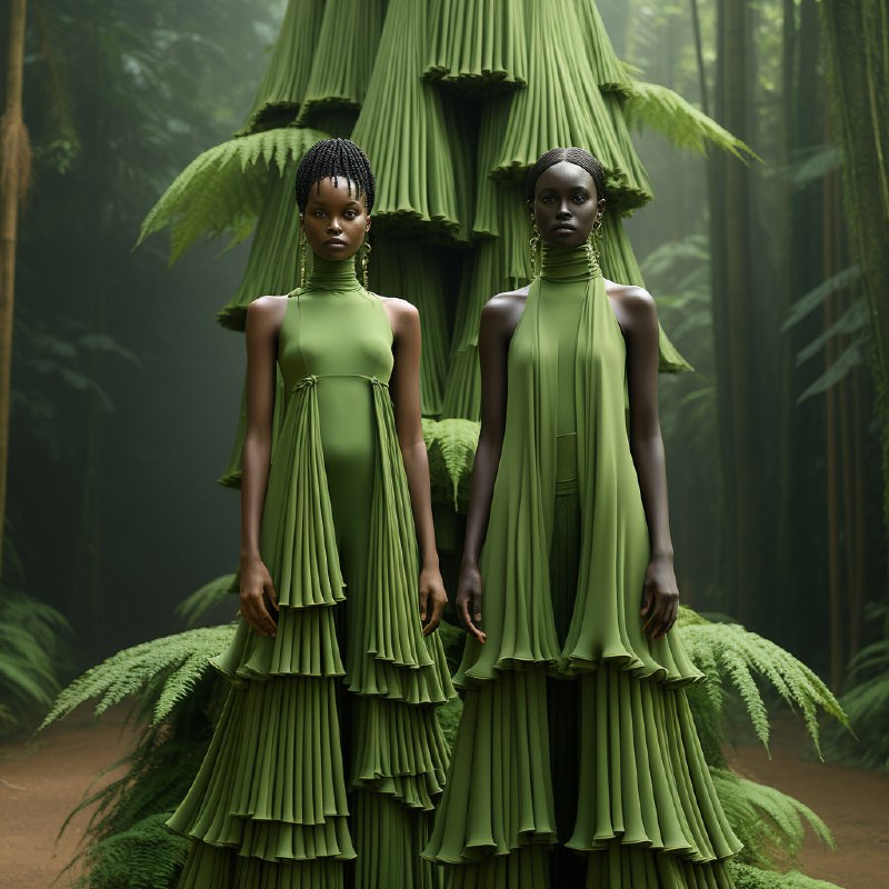 Models in Green Dresses Amid Ethereal Trees