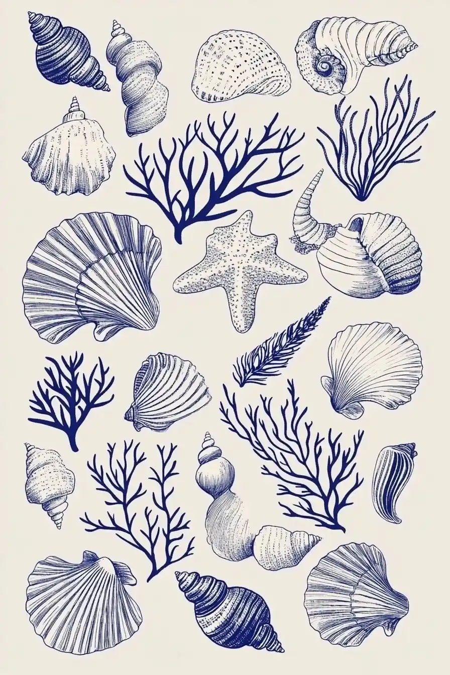 Hand-Drawn Seashells and Corals