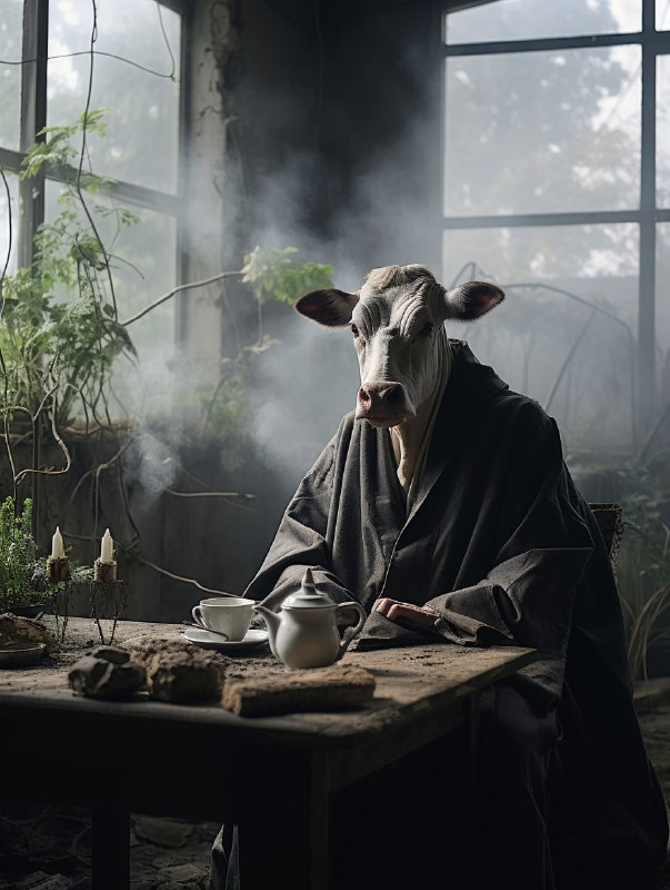 Cow-Headed Man in Black Robe in Brutalist Ruin