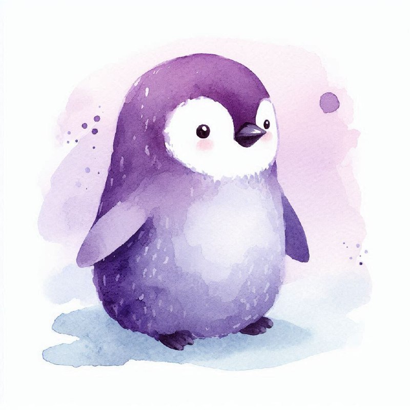 Purple Penguin Watercolor in Simple Folk Art Style