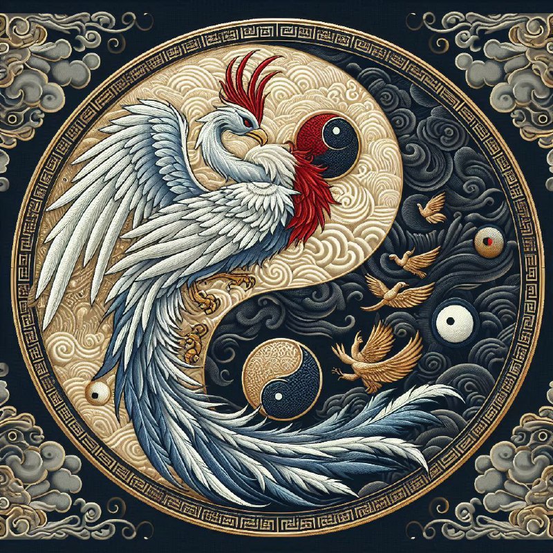 Chinese Phoenix and Crane Yin Yang Embroidered Art
