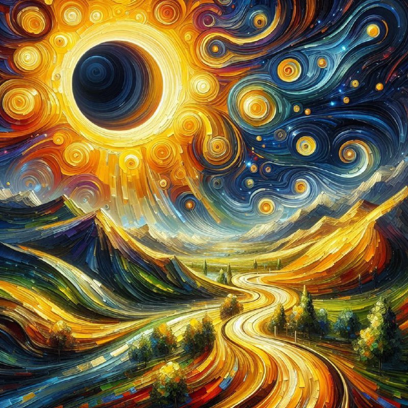 Solar Eclipse Over Winding Road Impasto Painting