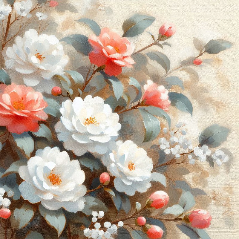 Coral Vine and White Camellia Gouache Painting
