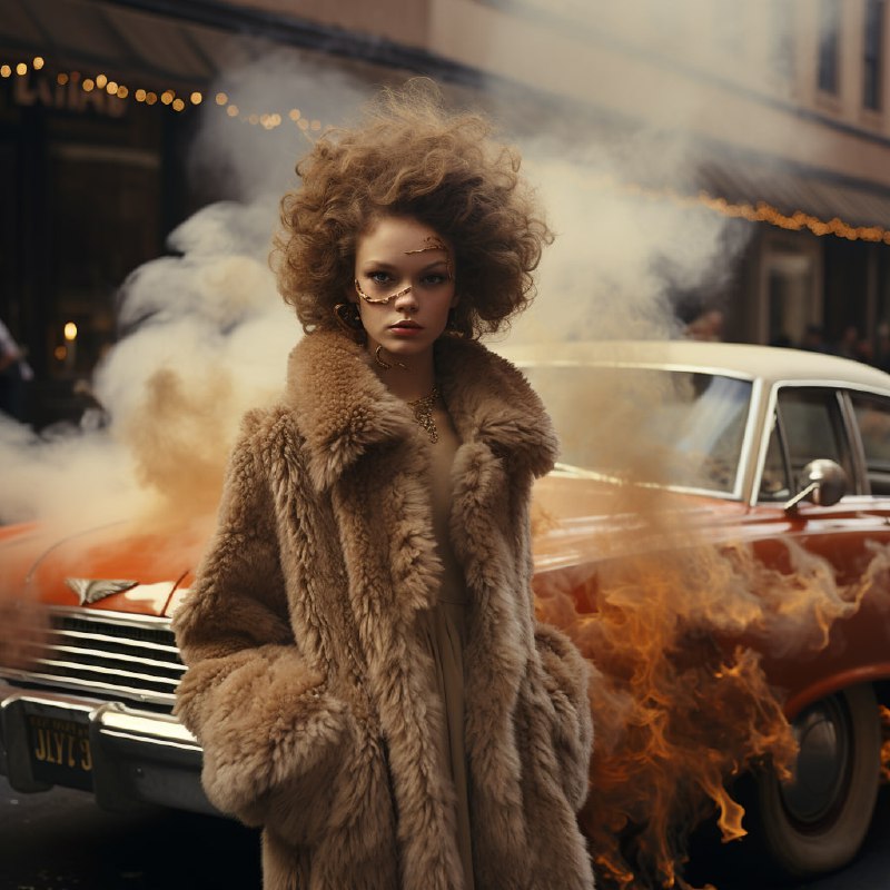 Horned Woman in Fur Coat on New York Street Flames