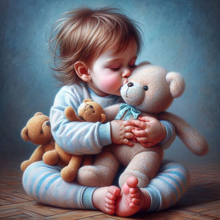 Baby in Pajamas Kissing Plush Toys Oil Painting