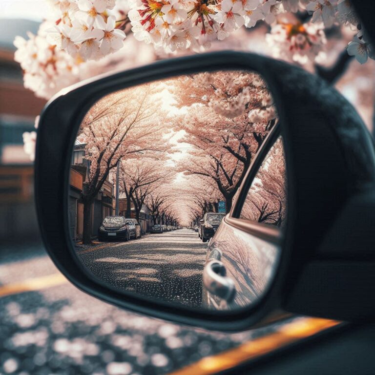 Cherry Blossom Street Reflected in Rearview Mirror