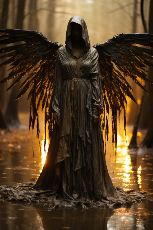 Winged Cloaked Soul Floating in Dark Forest