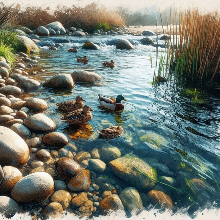 Ducks Swimming in Clear Stream With Boulders