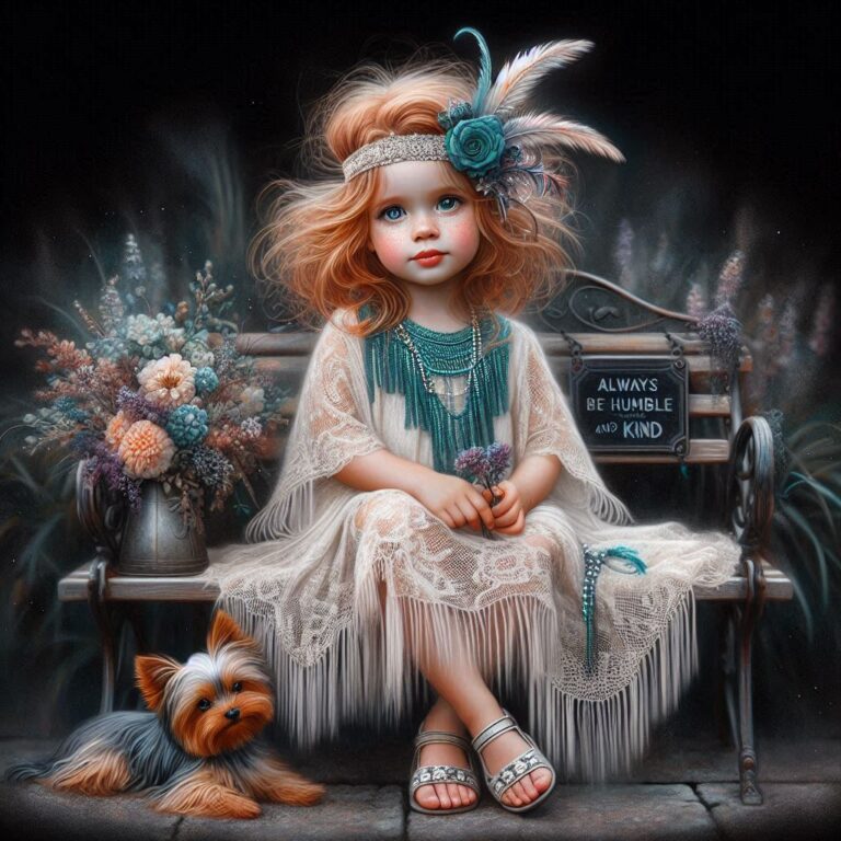 Red-Haired Toddler in 1920s Teal Lace Dreamy Portrait