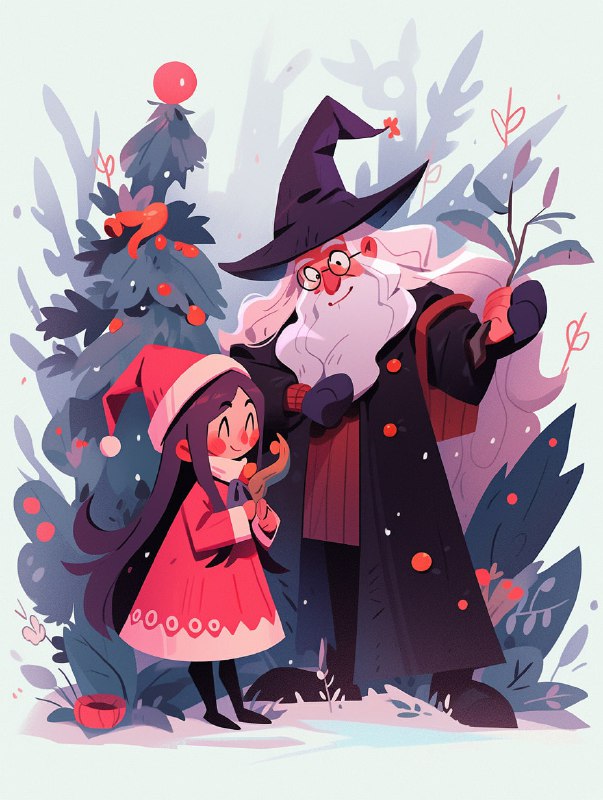 Little Witch and Santa Chatting Christmas Illustration