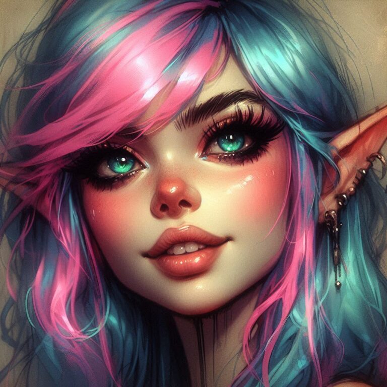 Neon Blue-Haired Elf With Cheeky Smirk Grunge Art
