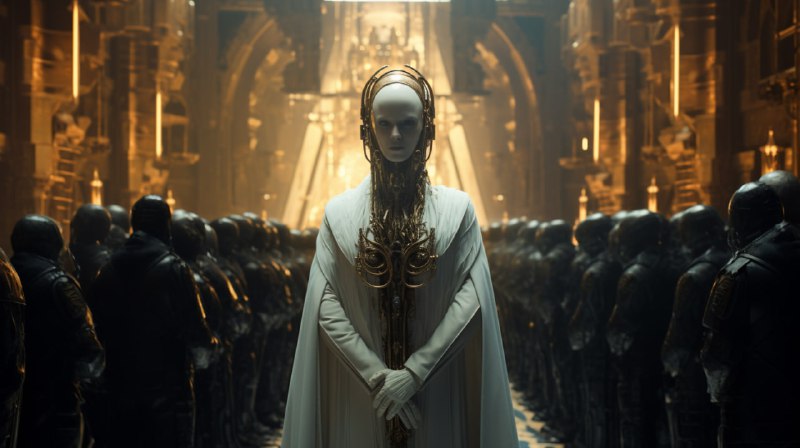 White-Gold AI Humanoid Priest Facing Massive Crowd