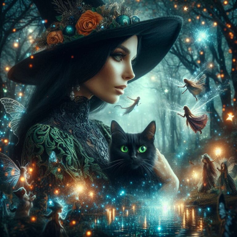 Witch With Black Cat Double Exposure Dark Forest